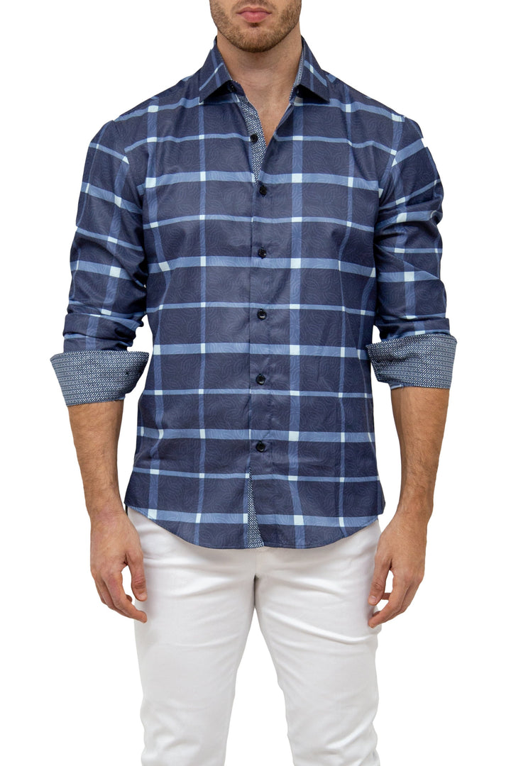 Men's Navy Plaid Print Long Sleeve Button Up