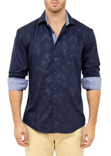 Men's Navy Patterned Long Sleeve Button Up
