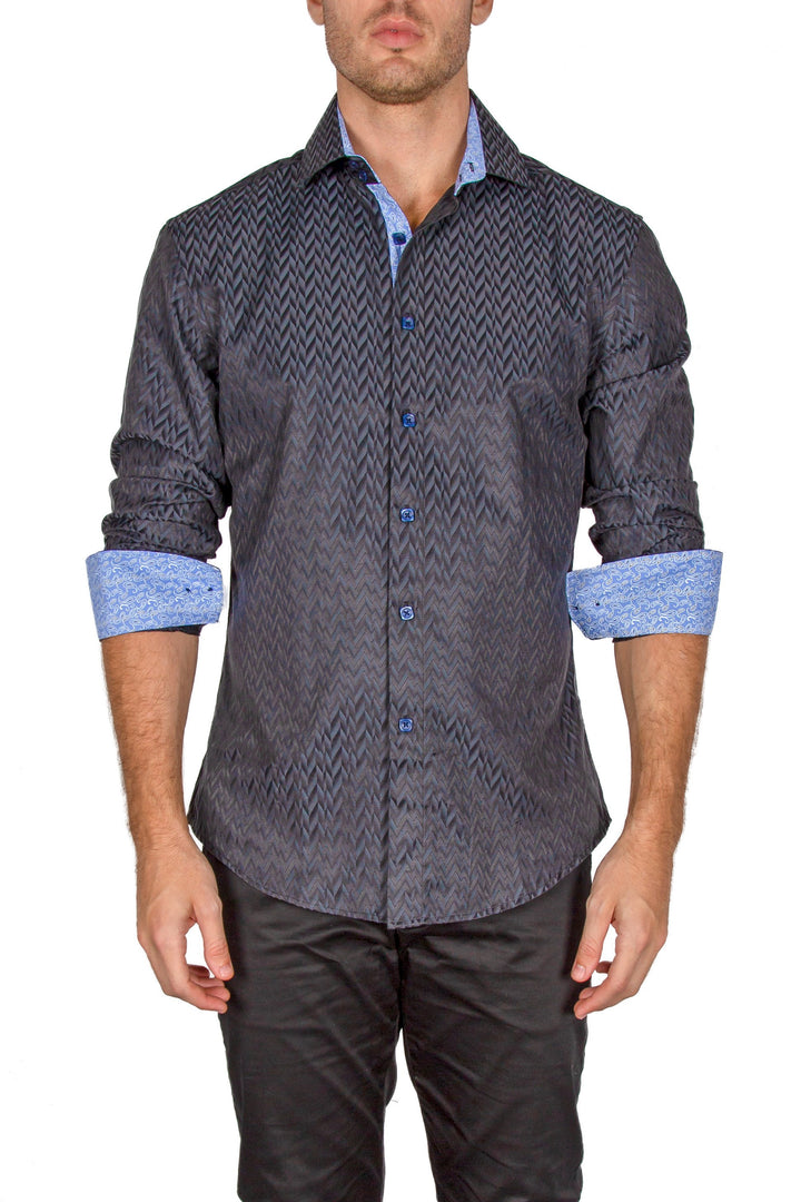 Men's Navy Patterned Long Sleeve Button Up
