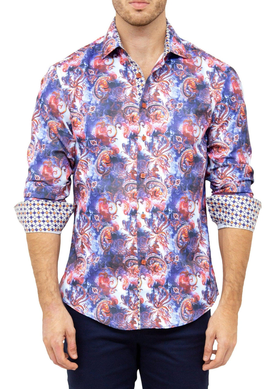 Abstract Flourish Print Purple Multicolor Button Up Long Sleeve Dress Shirt
