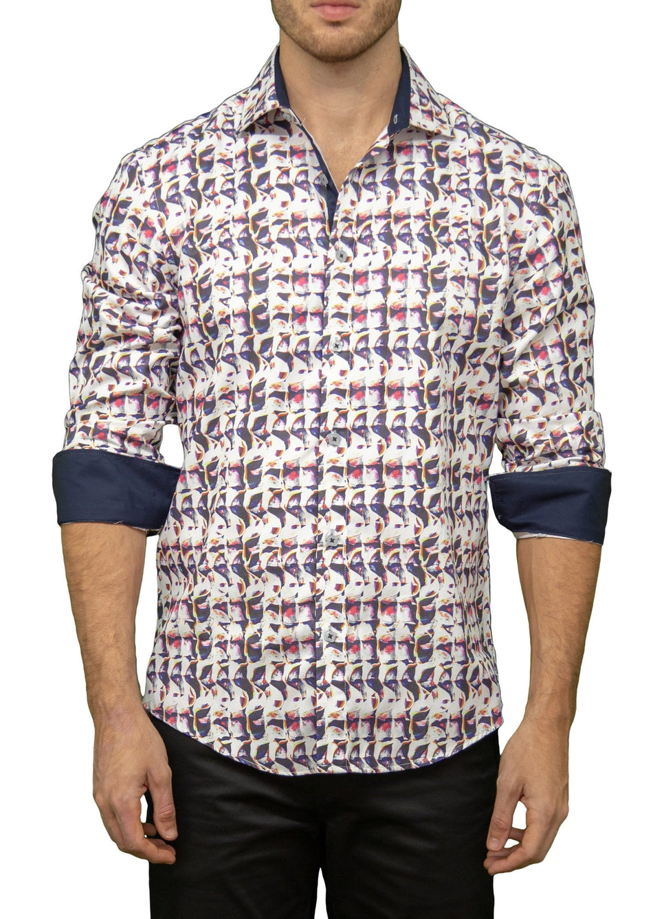 Men's White Printed Long Sleeve Button Up