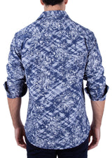 Blue Denim Effect Geometric Washed Paisley Print Long Sleeve Dress Shirt