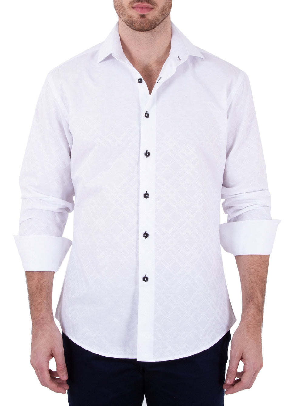 Men's White Textured Long Sleeve Button Up