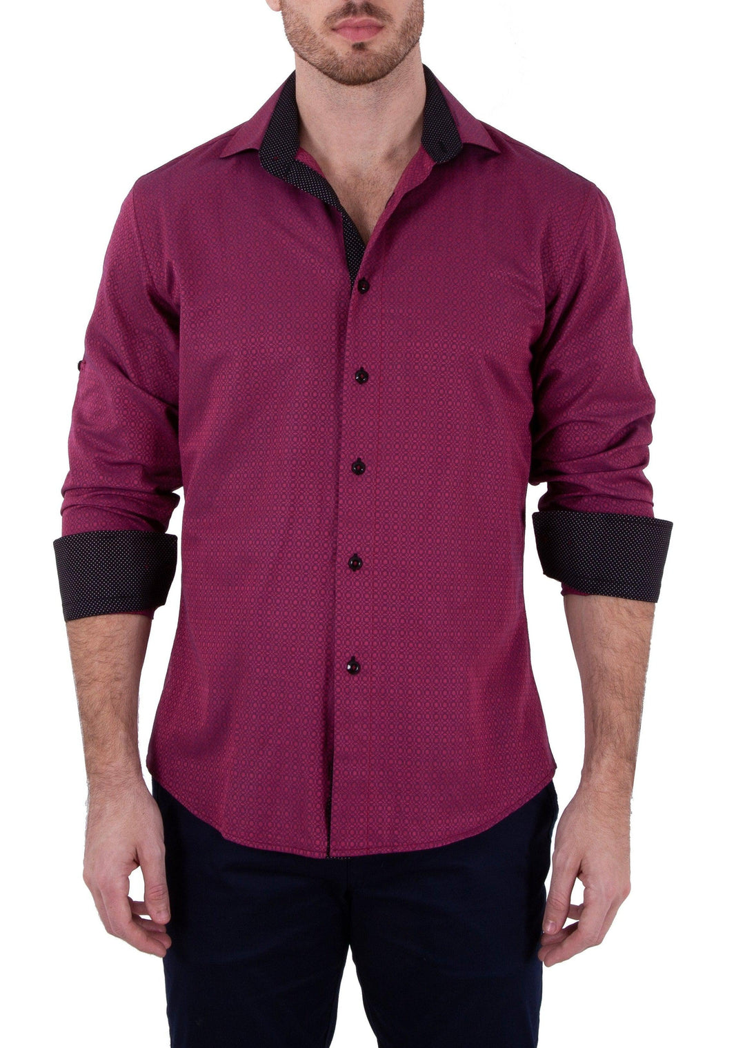 Intertwined Circular Pattern Long Sleeve Dress Shirt Burgundy by BESPOKE MODA Intertwined Circular Pattern Long Sleeve Dress Shirt Burgundy by BESPOKE MODA