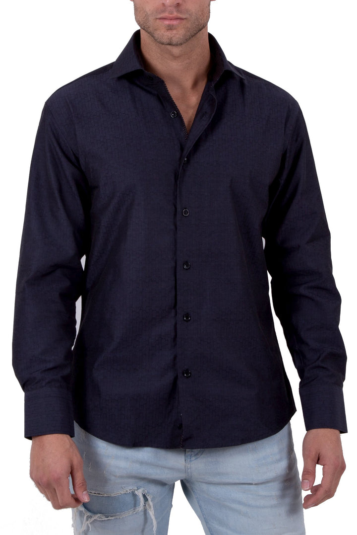 Simple Texture Pattern Long Sleeve Dress Shirt Solid Black