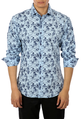 Floral Watercolor Print Long Sleeve Dress Shirt Blue