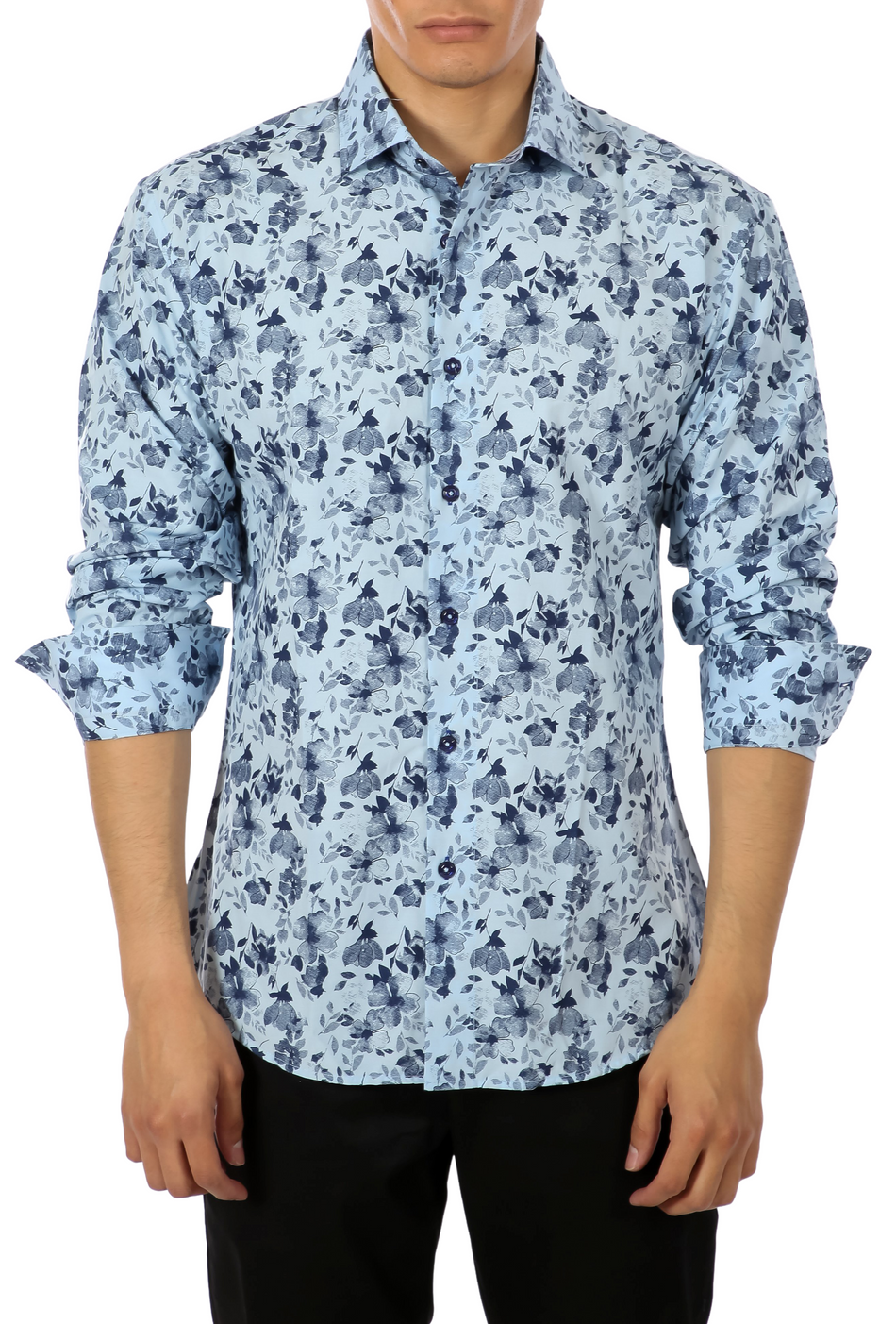 Floral Watercolor Print Long Sleeve Dress Shirt Blue– BESPOKE MODA