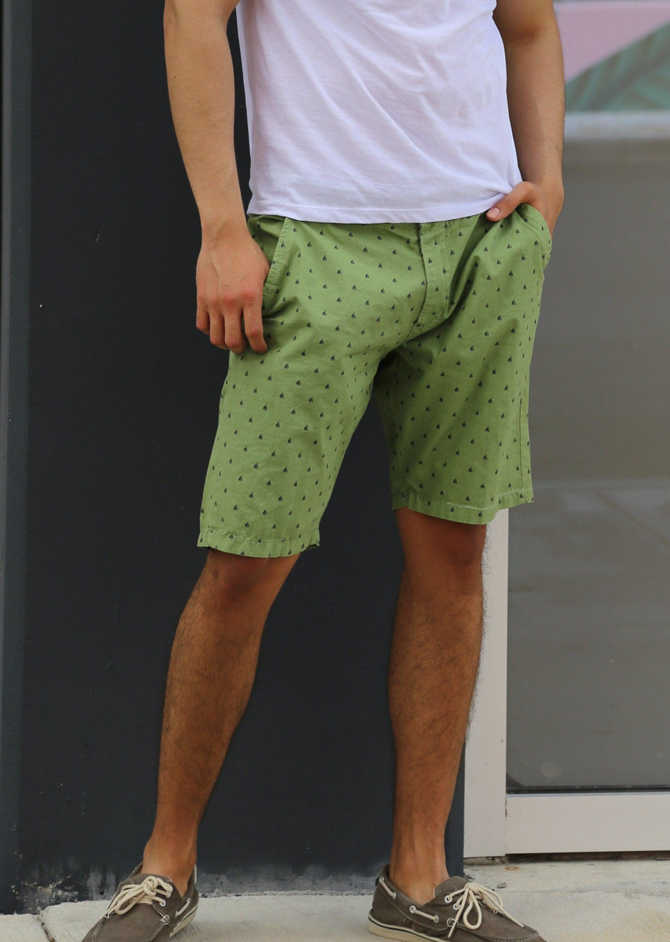 Sailboat Print Cotton Shorts Green