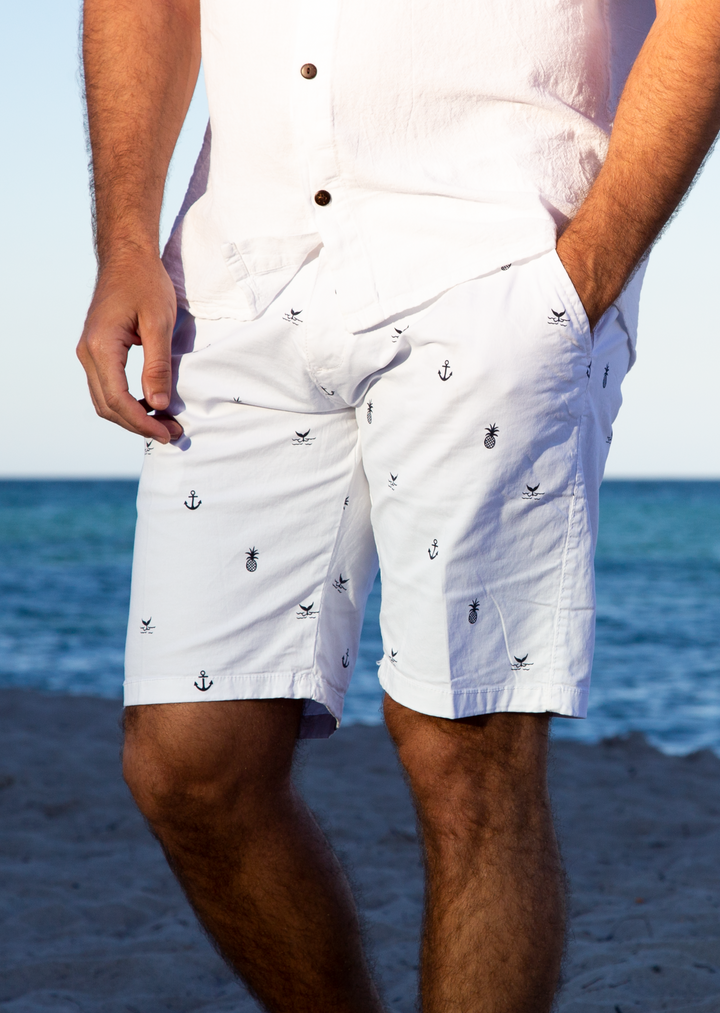 Whale Tail Anchor Print White Shorts