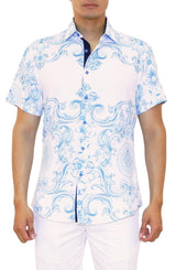 Blue Symmetrical Damask Short Sleeve Dress Shirt
