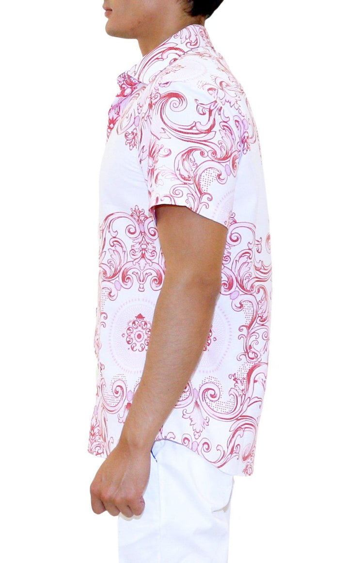 Pink Symmetrical Damask Short Sleeve Dress Shirt
