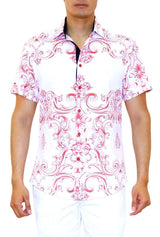 Pink Symmetrical Damask Short Sleeve Dress Shirt