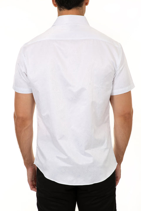 White Micro Paisley Short Sleeve Dress Shirt