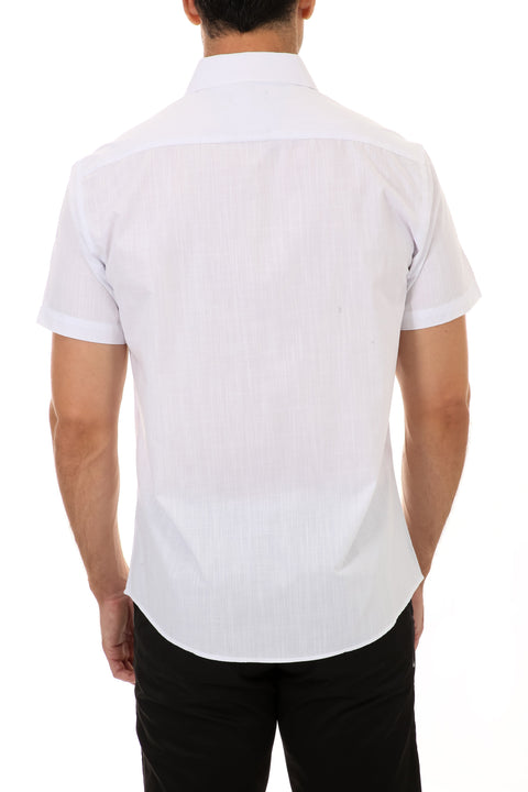 White Linen Textured Short Sleeve Dress Shirt