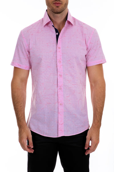 BESPOKE - Mens Pink Button Up Short Sleeve Dress Shirt - Modern
