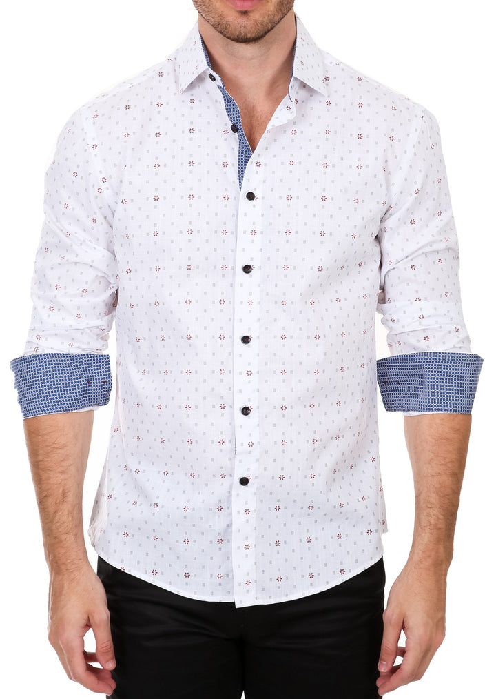 Floral Grid White Long Sleeve Dress Shirt