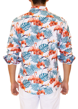 Tropical Flamingo Print Long Sleeve Button Up Dress Shirt White