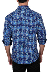 Geo Paisley Pattern Long Sleeve Dress Shirt Blue