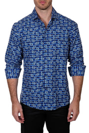 Geo Paisley Pattern Long Sleeve Dress Shirt Blue