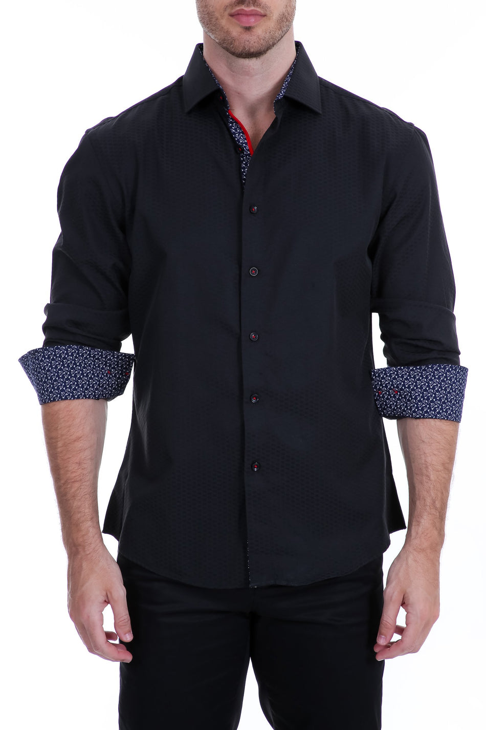 Black Microprint Contrast Cuff Long Sleeve Dress Shirt