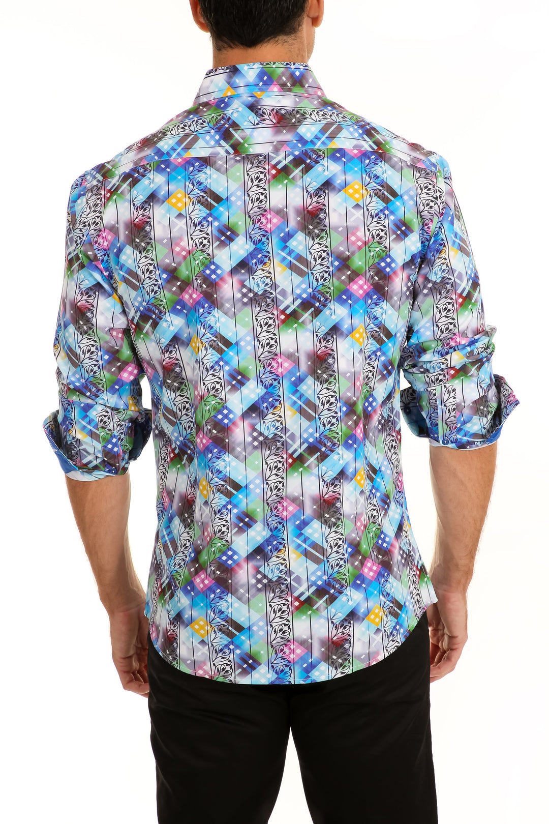 Men's Printed Blue Button Up Long Sleeve Dress Shirt