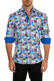 Men's Printed Blue Button Up Long Sleeve Dress Shirt