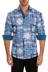 Men's Blue Printed Button Up Long Sleeve Dress Shirt
