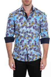 Abstract Geometric Long Sleeve Dress Shirt Yellow & Blue