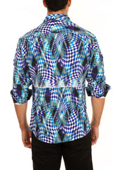 Men's Blue Kaleidoscope Print Button Up Long Sleeve Dress Shirt
