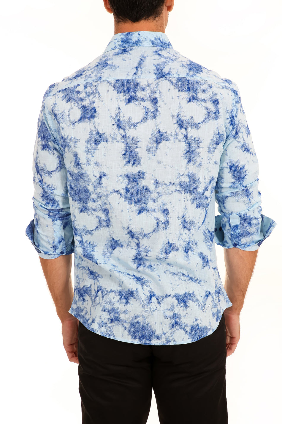 Splashed Linen Texture Print Long Sleeve Dress Shirt Blue