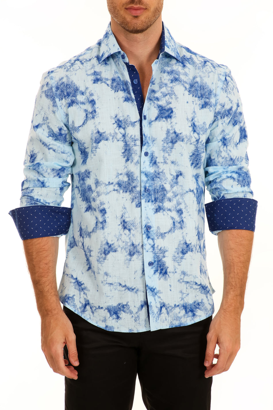 Splashed Linen Texture Print Long Sleeve Dress Shirt Blue