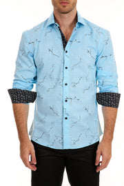 Cracked Marble Pattern Linen Long Sleeve Dress Shirt Blue