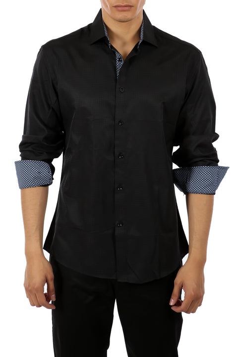 Checkered Micropattern Long Sleeve Dress Shirt Black