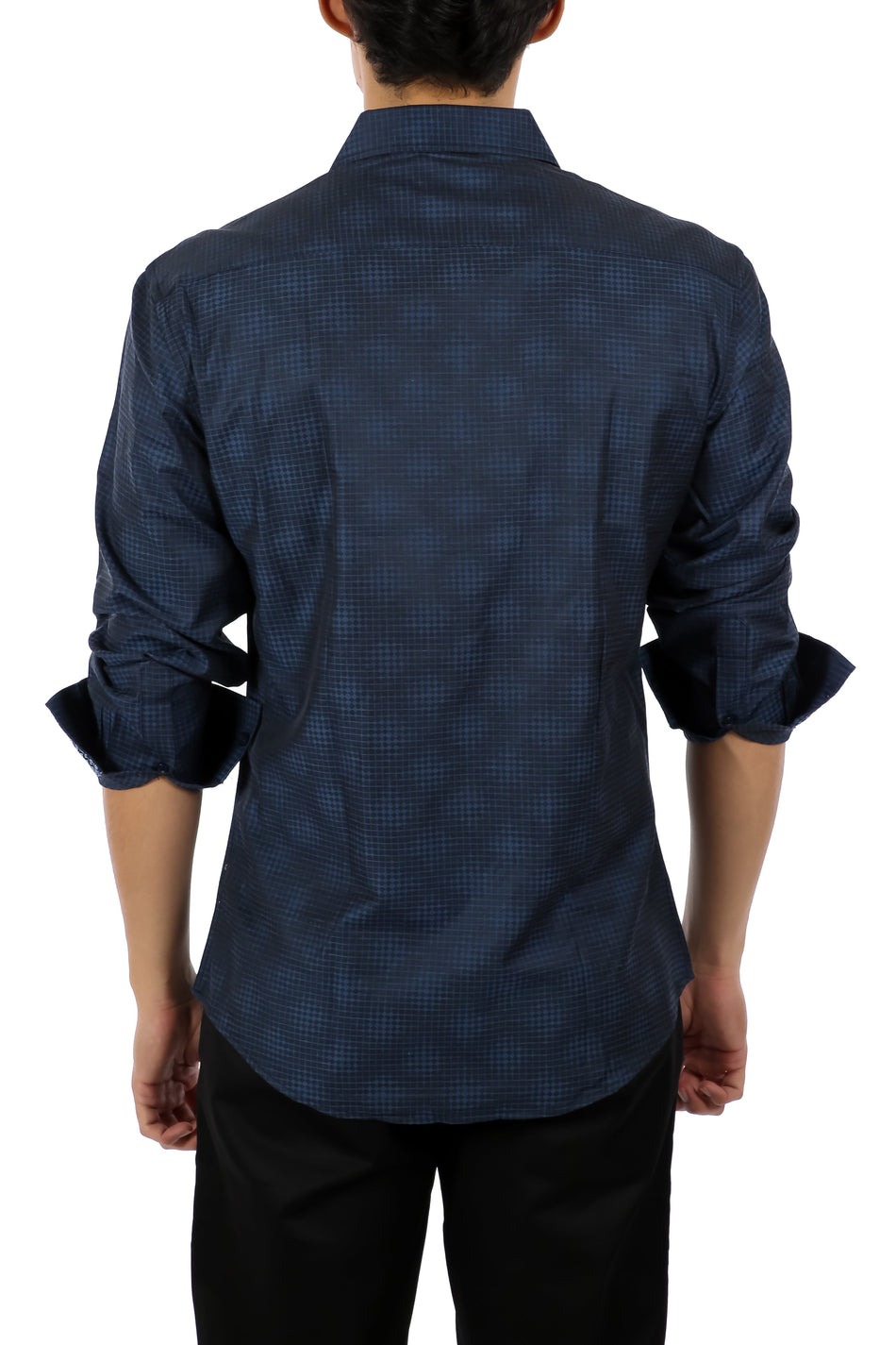 Crisscrossed Halftone Pattern Long Sleeve Dress Shirt Navy