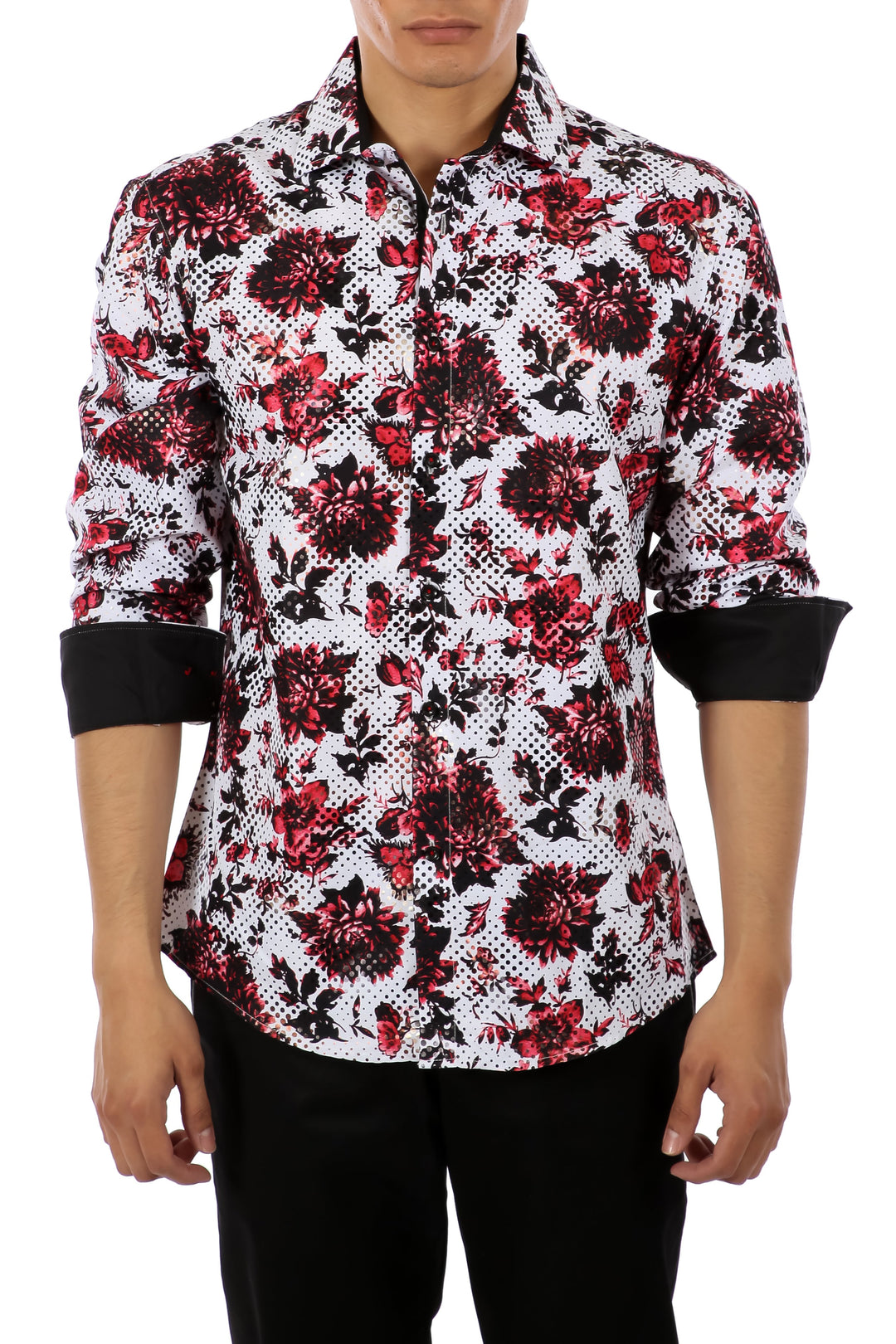 mens red floral dress shirt White Red Floral Mens Slim Fit Designer Dress Shirt