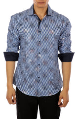 Graphic Checkered Navy Button Up Long Sleeve Dress Shirt