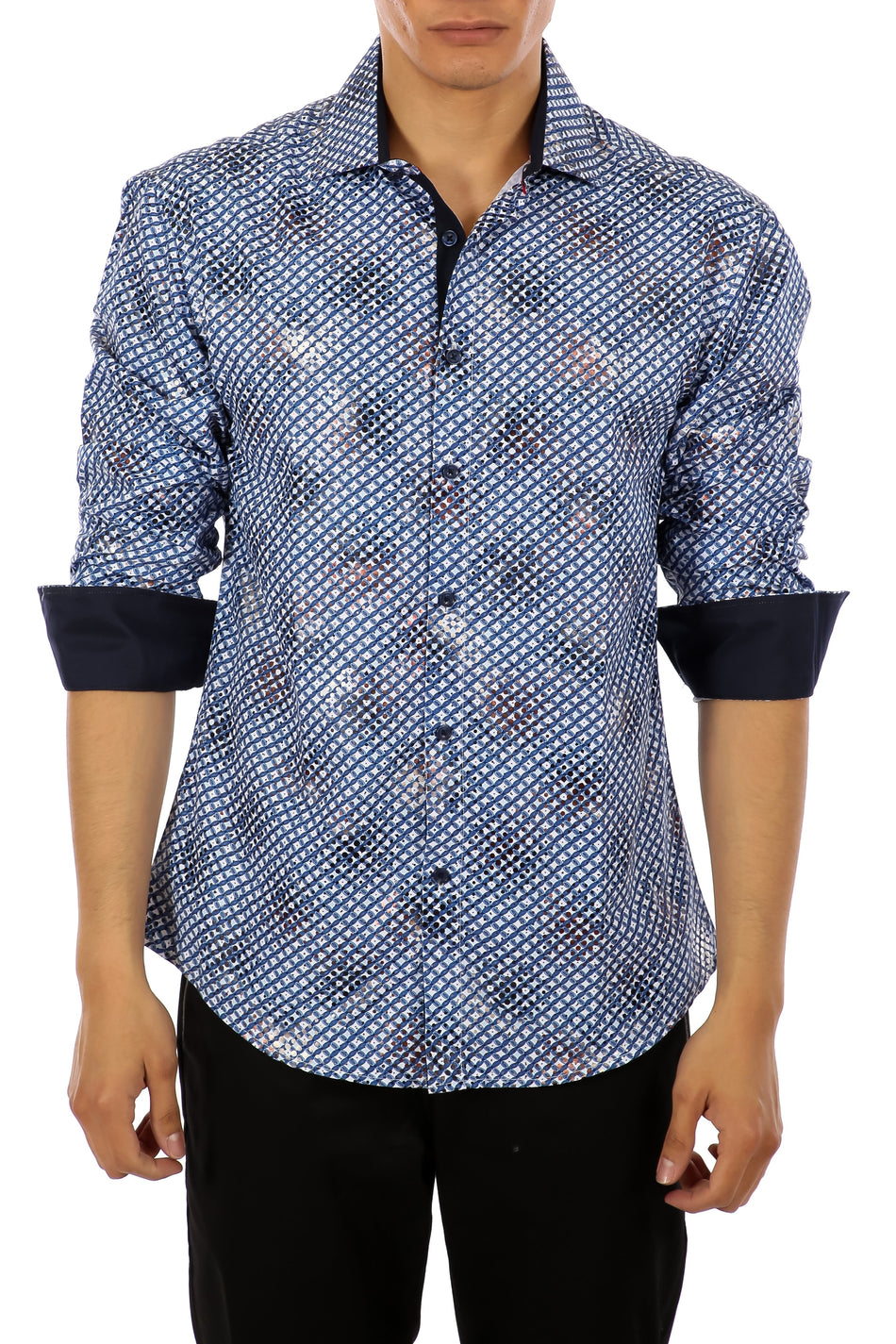 Graphic Checkered Navy Button Up Long Sleeve Dress Shirt