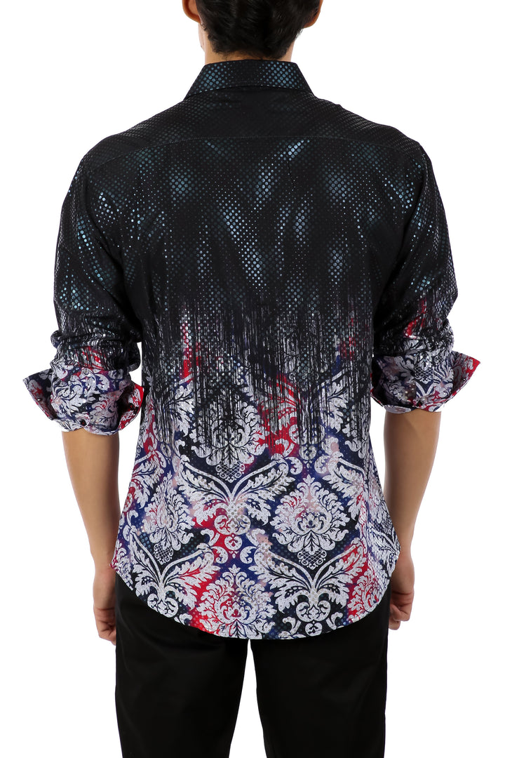 Metallic Halftone Effect Long Sleeve Dress Shirt Black