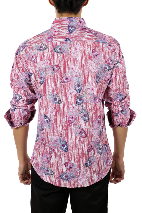 Peacock Feathers Print Long Sleeve Dress Shirt Red