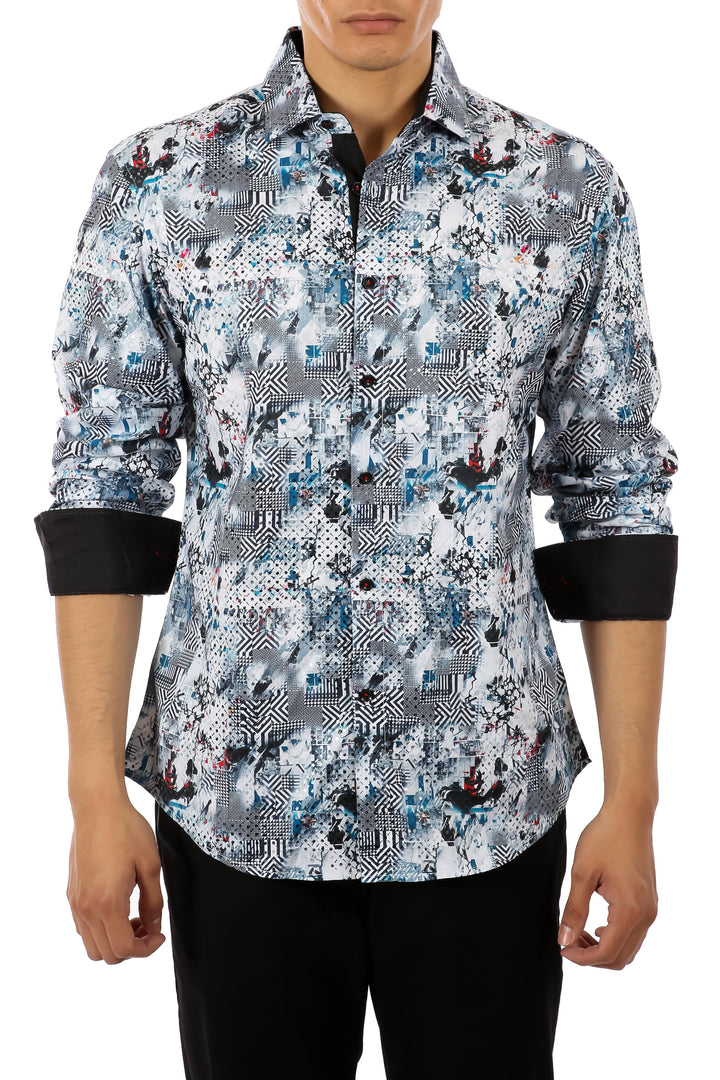 Abstract Contrast Print Button Up Long Sleeve Dress Shirt