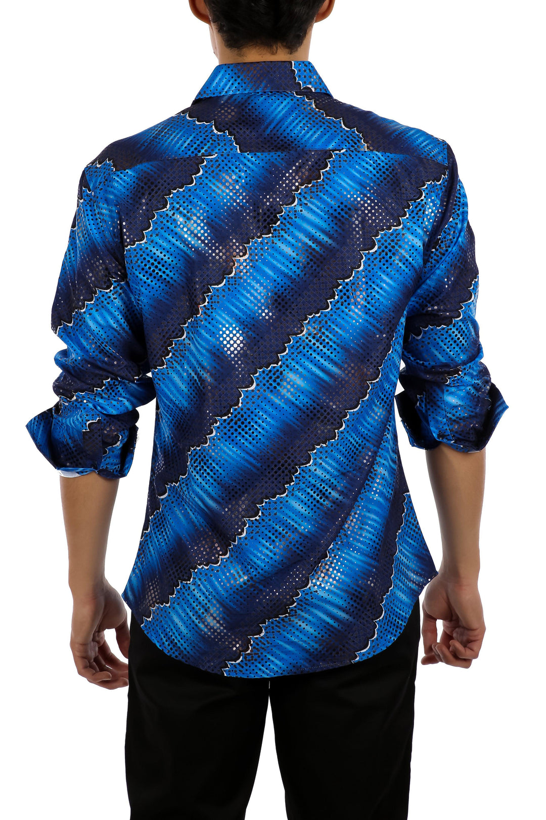 Men's Navy Geo Wave Button Up Long Sleeve Dress Shirt