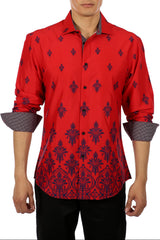 Decorative Damask Print Long Sleeve Dress Shirt Red