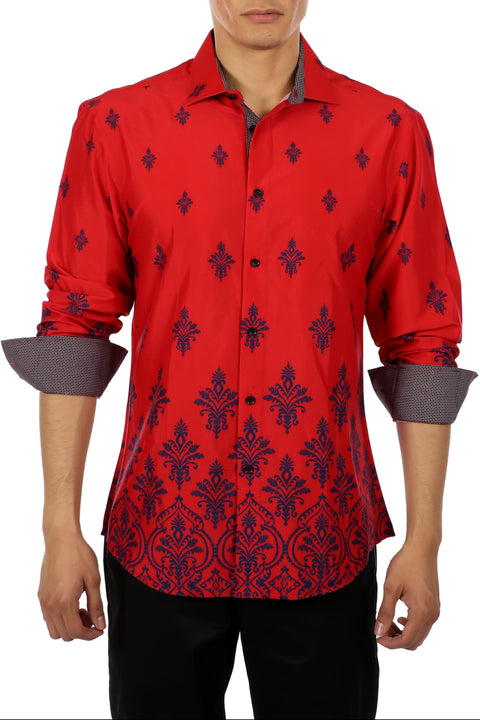 Decorative Damask Print Long Sleeve Dress Shirt Red