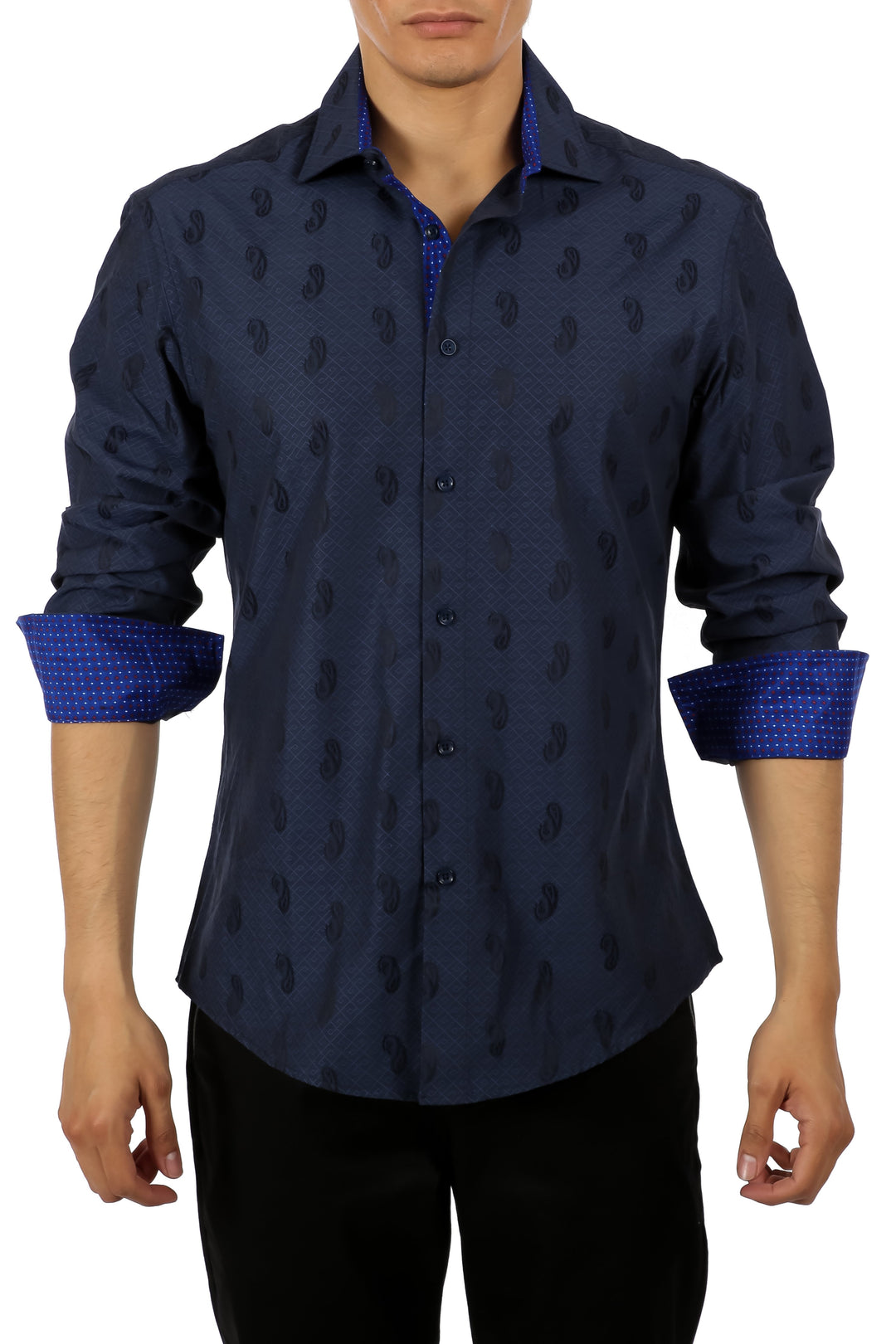 Men's Navy Printed Button Up Long Sleeve Dress Shirt