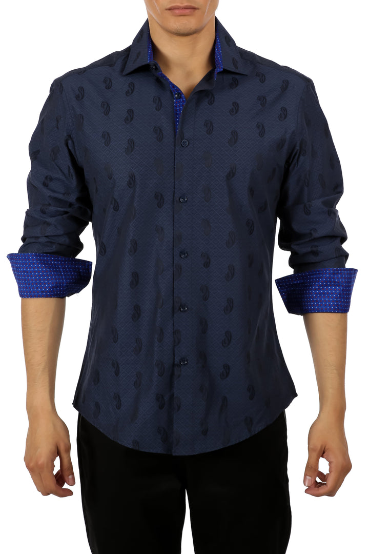 Men's Navy Printed Button Up Long Sleeve Dress Shirt