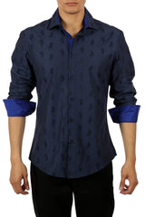 Men's Navy Printed Button Up Long Sleeve Dress Shirt