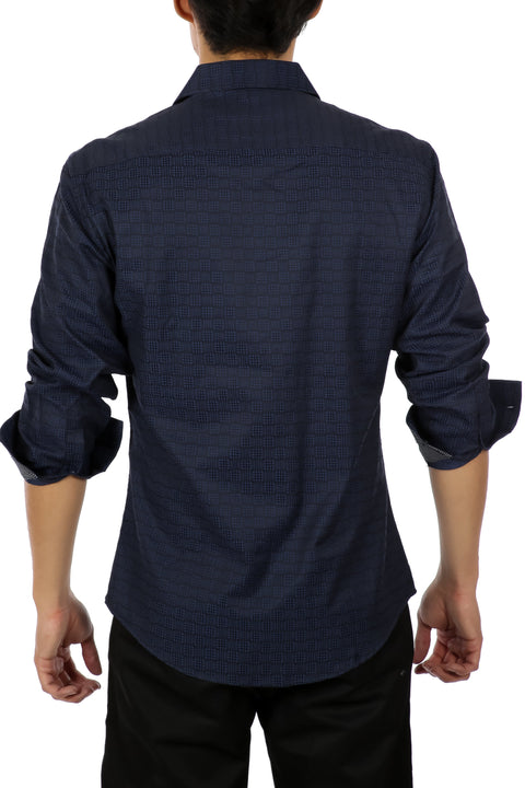 Dotted Intertwined Pattern Long Sleeve Dress Shirt Navy