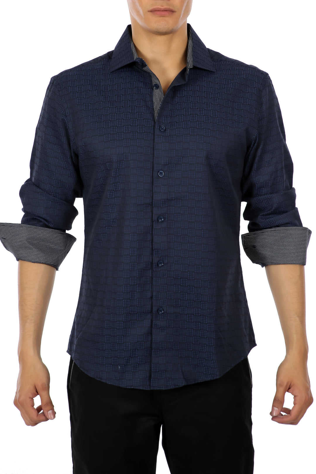Dotted Intertwined Pattern Long Sleeve Dress Shirt NAVY SM / NAVY Dotted Intertwined Pattern Long Sleeve Dress Shirt NAVY SM / NAVY