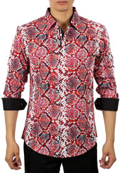 Snake Skin Print Red Button Up Long Sleeve Dress Shirt
