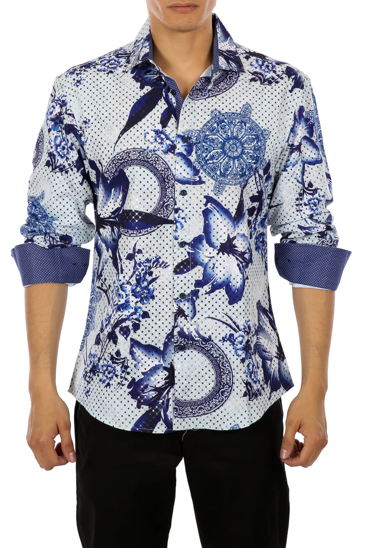Floral Mandala Button Up Long Sleeve Dress Shirt